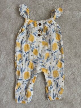 Emily & Oliver Modern Yellow Lemon Print Baby Romper with Blue Leaf Detail